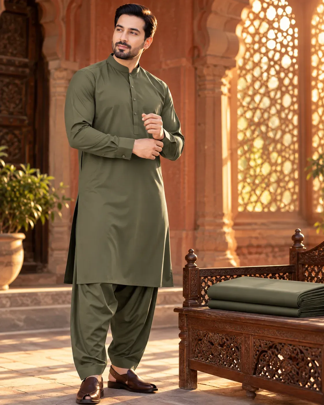 Olive Green unstitched suit fabric