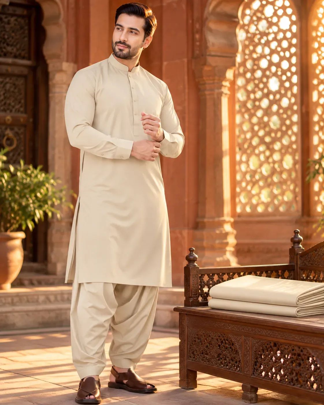 Light Camel unstitched suit fabric