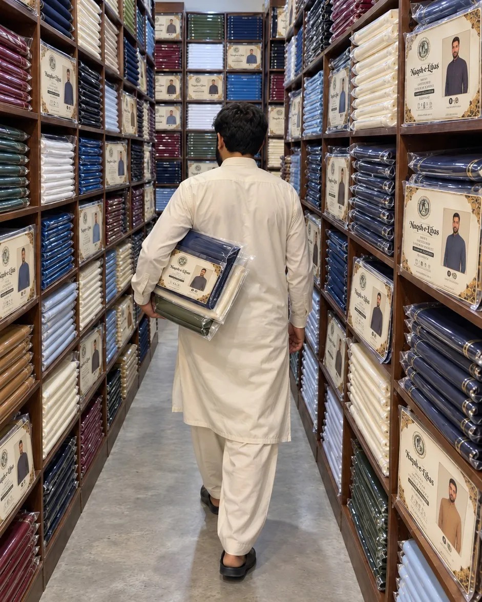 A man carrying packed Naqsh-e-Libas suits between shelves of colours