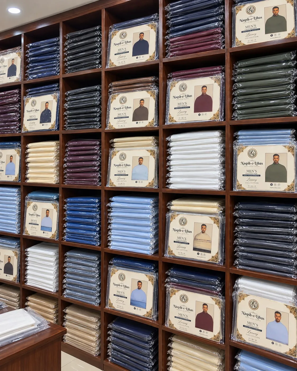Shelves stacked with Naqsh-e-Libas suits in many colours, each in its own pack